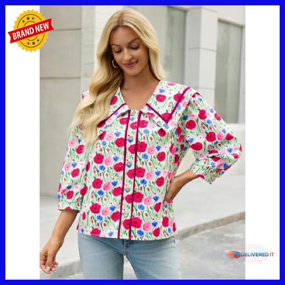 Floral Button Down Blouse 3/4 Sleeve Square Neck Collared Top - Picture 6 of 8